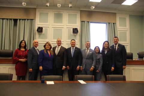 From left to right: Representatives Nicole Malliotakis, Carlos A. Gimenez, Jenniffer Gonzalez-Colon, Mario Diaz-Balart, Tony Gonzales, Juan Ciscomani, Lori Chavez-DeRemer, Maria Elvira Salazar, David Valadao.